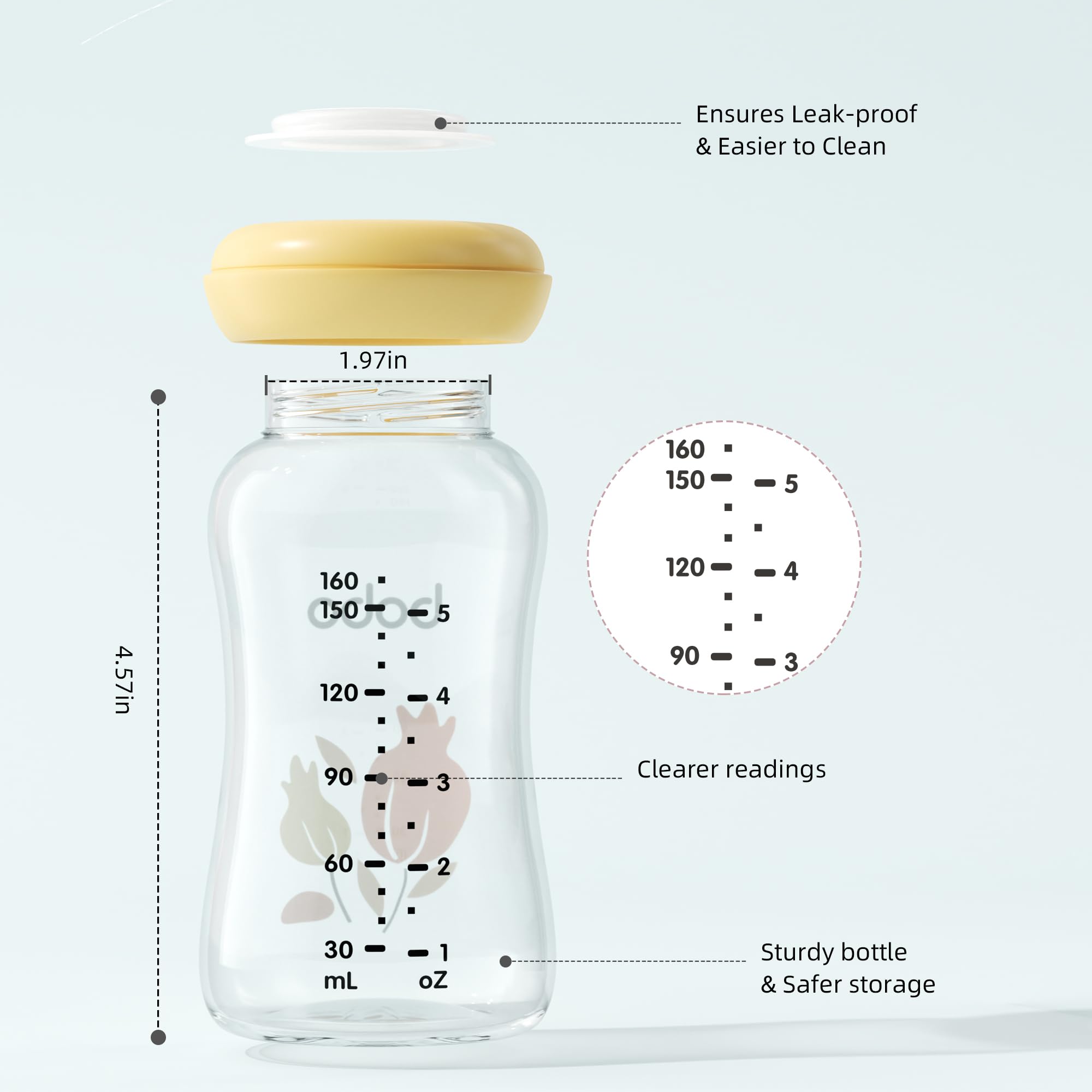 YOHKOH Glass Breast Milk Storage Bottles - 100% Leak-Proof, BPA-Free Breastmilk Storage Containers, Freezer & Dishwasher Safe, Ideal for Nursing Mothers (Yellow, 5.4oz (Pack of 6))
