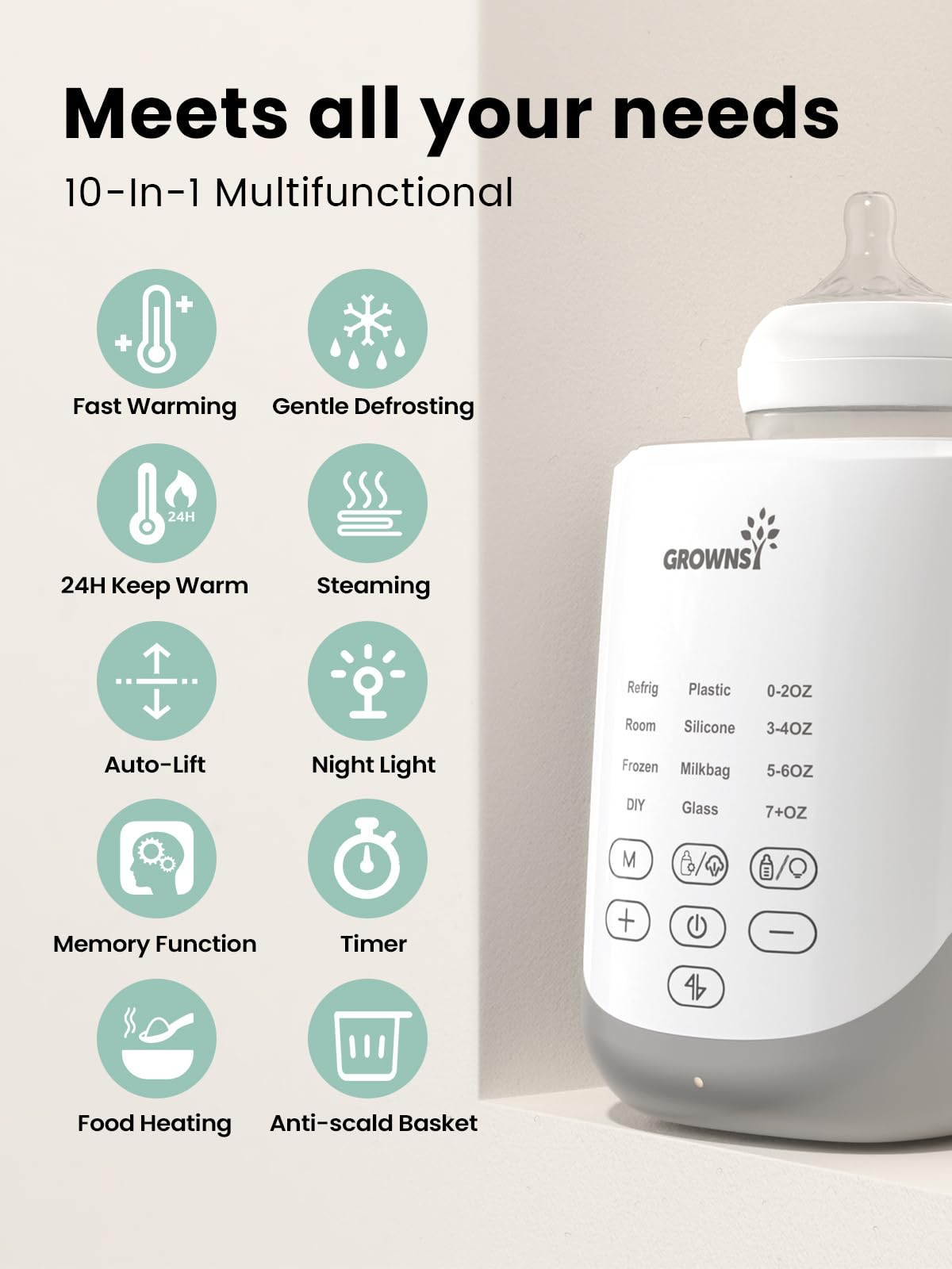 Grownsy Auto-Lift Nutri Bottle Warmer for Breastmilk & Formula, Gray