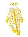 PATPAT Baby Girl Infant Clothes Footie – Soft Viscose from Bamboo, Stretch Feel – 2-Way Ruffled Zipper, Fold-Over Mittens & Cuffs Yellow Flower 3-6 Months