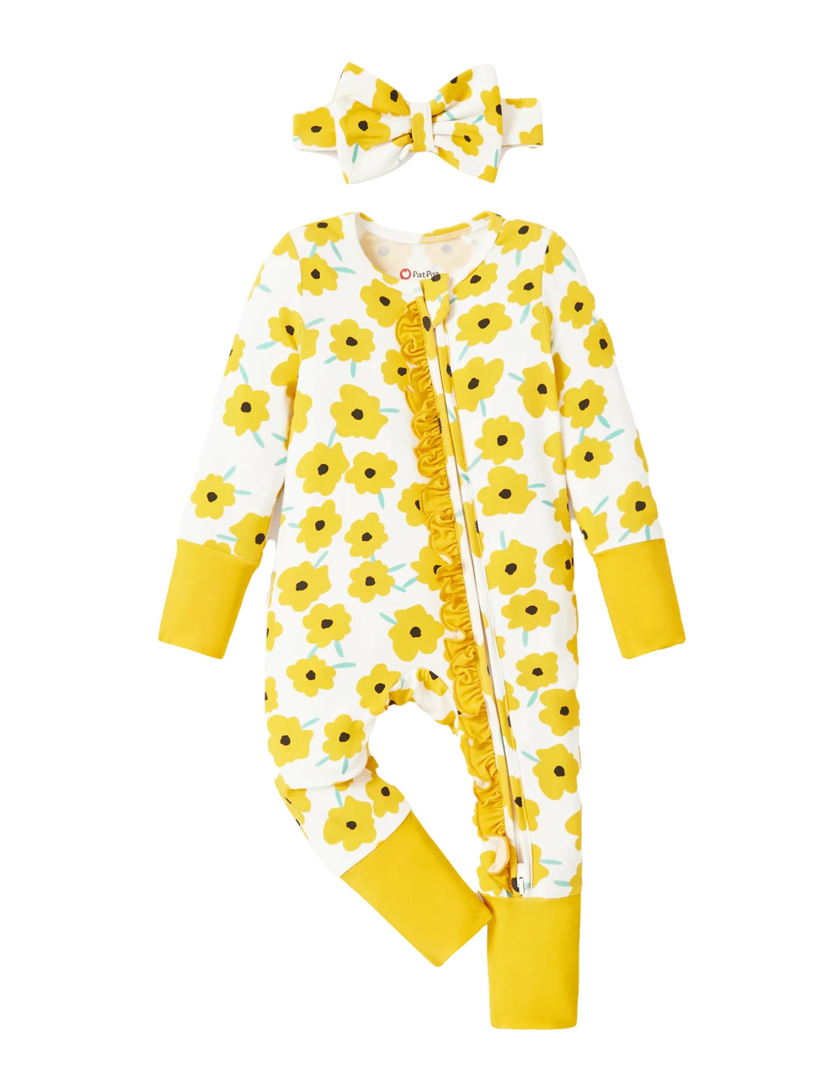PATPAT Baby Girl Infant Clothes Footie – Soft Viscose from Bamboo, Stretch Feel – 2-Way Ruffled Zipper, Fold-Over Mittens & Cuffs Yellow Flower 3-6 Months