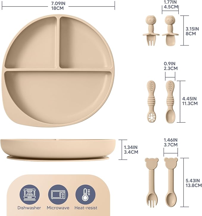 Silicone Baby Feeding Set Plates and Utensils Set for Baby Toddlers Infant Kids,forks and spoons baby plates with suction,baby spoons self feeding 6 months,baby feeding essentials (Beige)