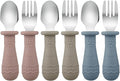 PandaEar Toddler Utensils, 6 Pack Kids Spoons and Forks, 18/8 Stainless Steel & Food Grade Silicone Children Silverware Set, Dishwasher Safe (Blue/Brown/Red)