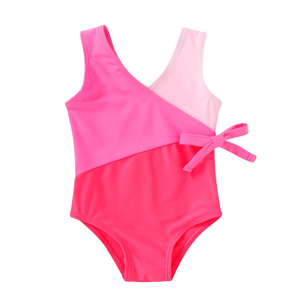 Happy Town Toddler Swimsuit Girl One Piece Bathing Suit Color Block Swimwear Baby Summer Beach Wear(4-5T,Pink Color Block)