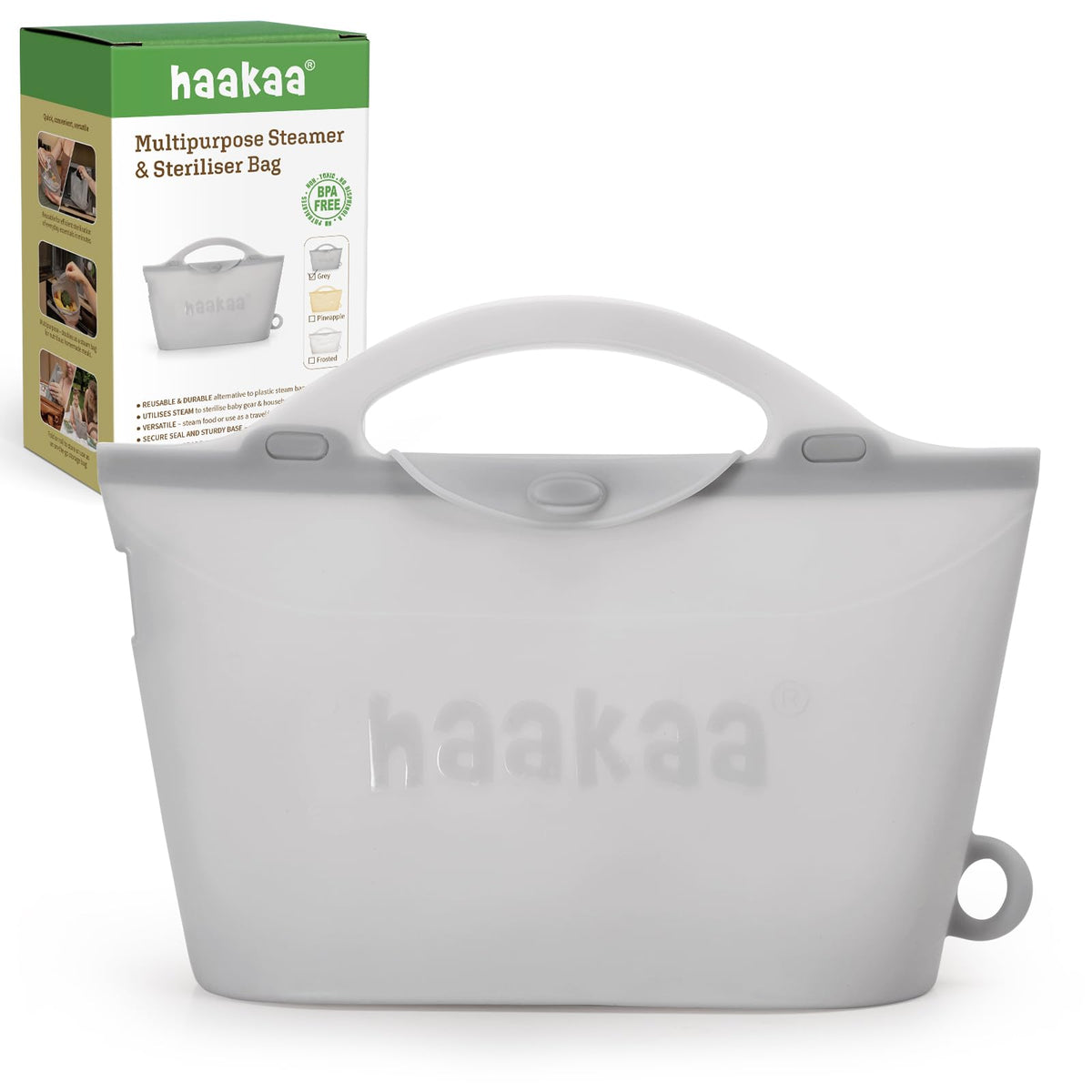 Haakaa Silicone Travel Microwave Steamer & Steriliser Bag, 30oz/900ml Reusable Silicone Steaming Bags for Baby Small Items, Pacifiers, Teethers or Baby Cups, Great for Home and On-The-Go, Grey/1PC