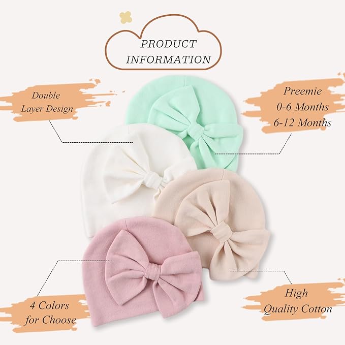 Bamery Newborn Baby Girl Hat Cotton Baby Bow Beanie Preemie Hats Spring Infant Hats for Girls 0-12 Months