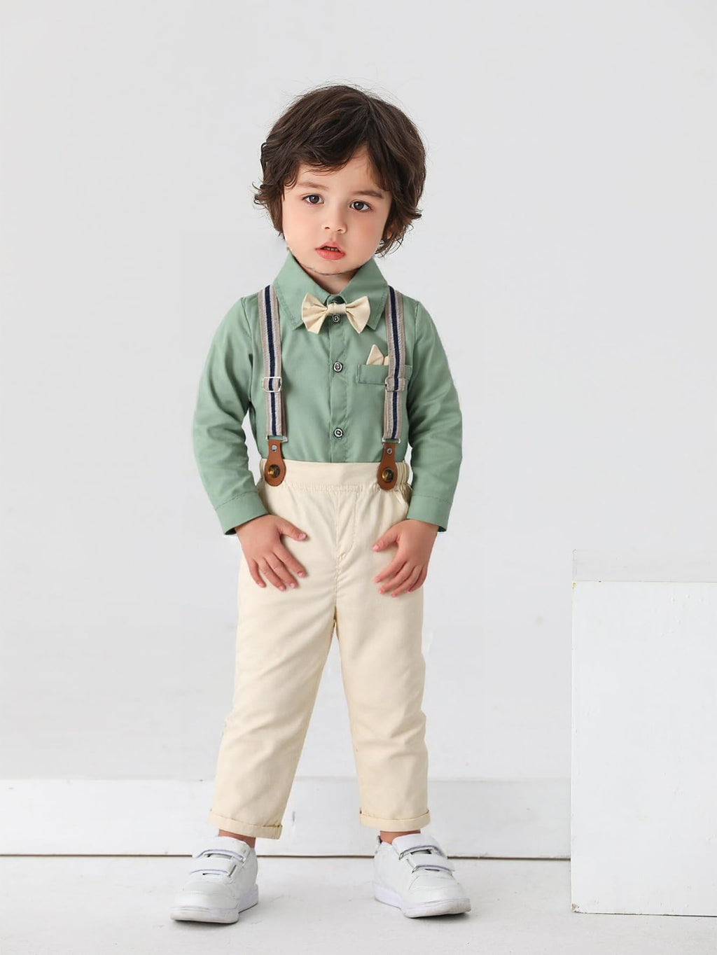 Boarnseorl Baby Boys Pants Sets,Toddler Gentleman Outfits, Infant Long Sleeve Shirt + Pants + Bow Tie + Suspenders,6-9M