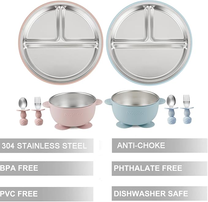 PandaEar 8PCS Baby Feeding Set | Stainless Steel Suction Plates and Bowls with Silicone Fork and Spoon Utensils | Baby Led Weaning Tableware for Toddlers & Kids (Pink & Blue)