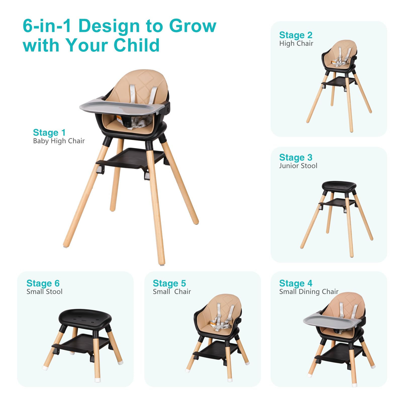 Komcot High Chair, 6 in 1 Wooden Convertible High Chairs for Babies and Toddlers, Booster Seat with Double Tray & Reversible Footrest Baby Highchair, 5-Point Harness Baby Feeding Chair, Black