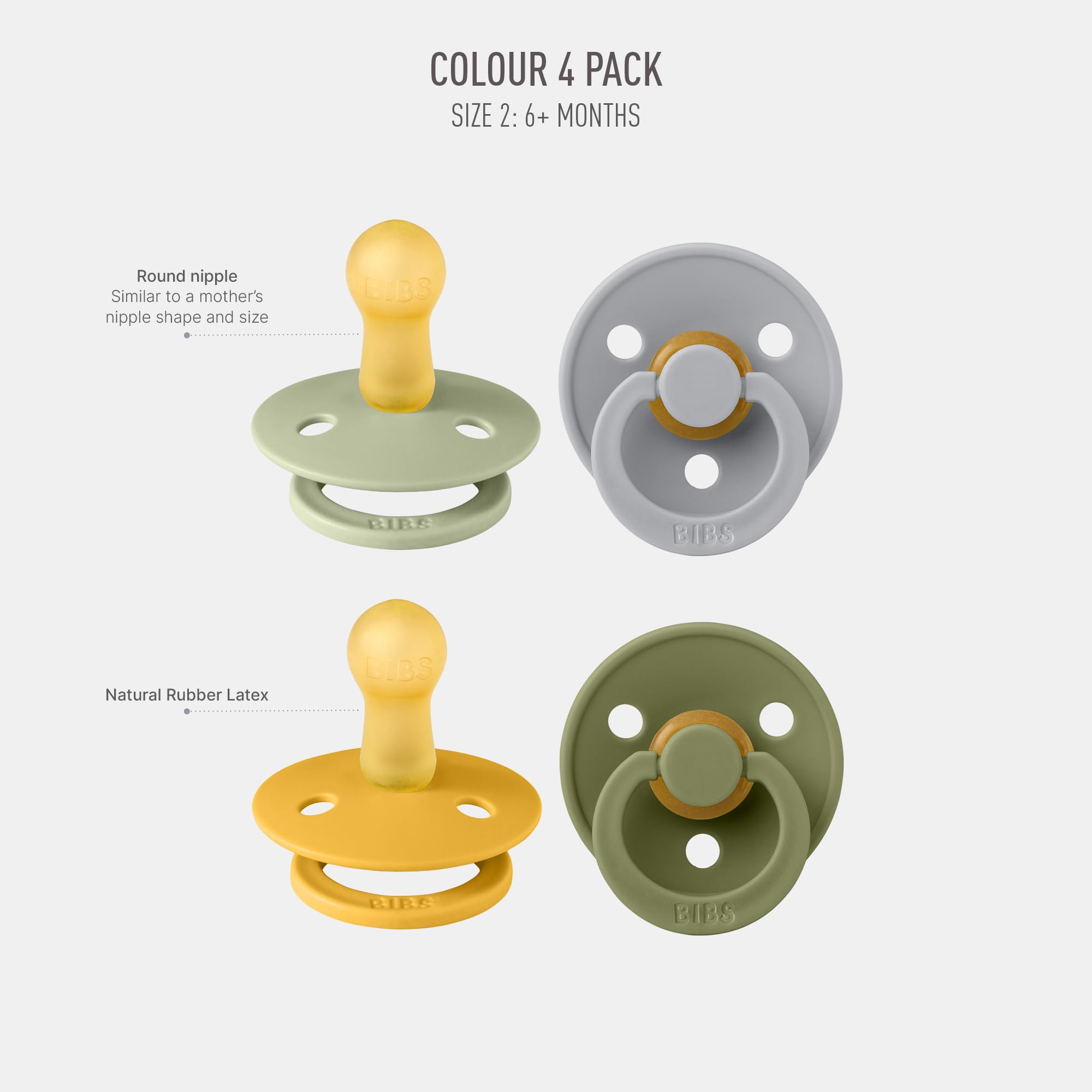 BIBS Pacifiers - Color 4 Pack | Round Nipple Baby Pacifier | BPA Free Natural Rubber Latex Soother | Made in Europe | Size 6-18 Months | Garden Colors