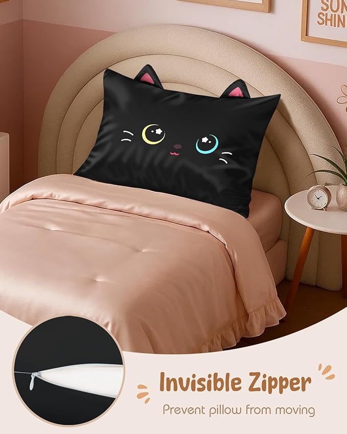 Toddler Pillowcases 13"x18" for Kids - Cute Cartoon Soft Breathable Silk Pillow Cases for Hair and Skin with Hidden Zipper for Girls Fun Kawaii Design for Bedding, Black Cat