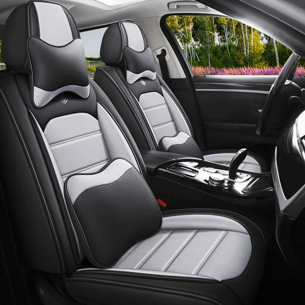LEYPOCO Leather Seat Cover for Ford Edge 2010-2026,Waterproof Soft Seat Covers,Interior Accessories Seat Covers Cushion Vehicle Protector Airbag Compatible(Black&Gray,Full Set with Pillow)