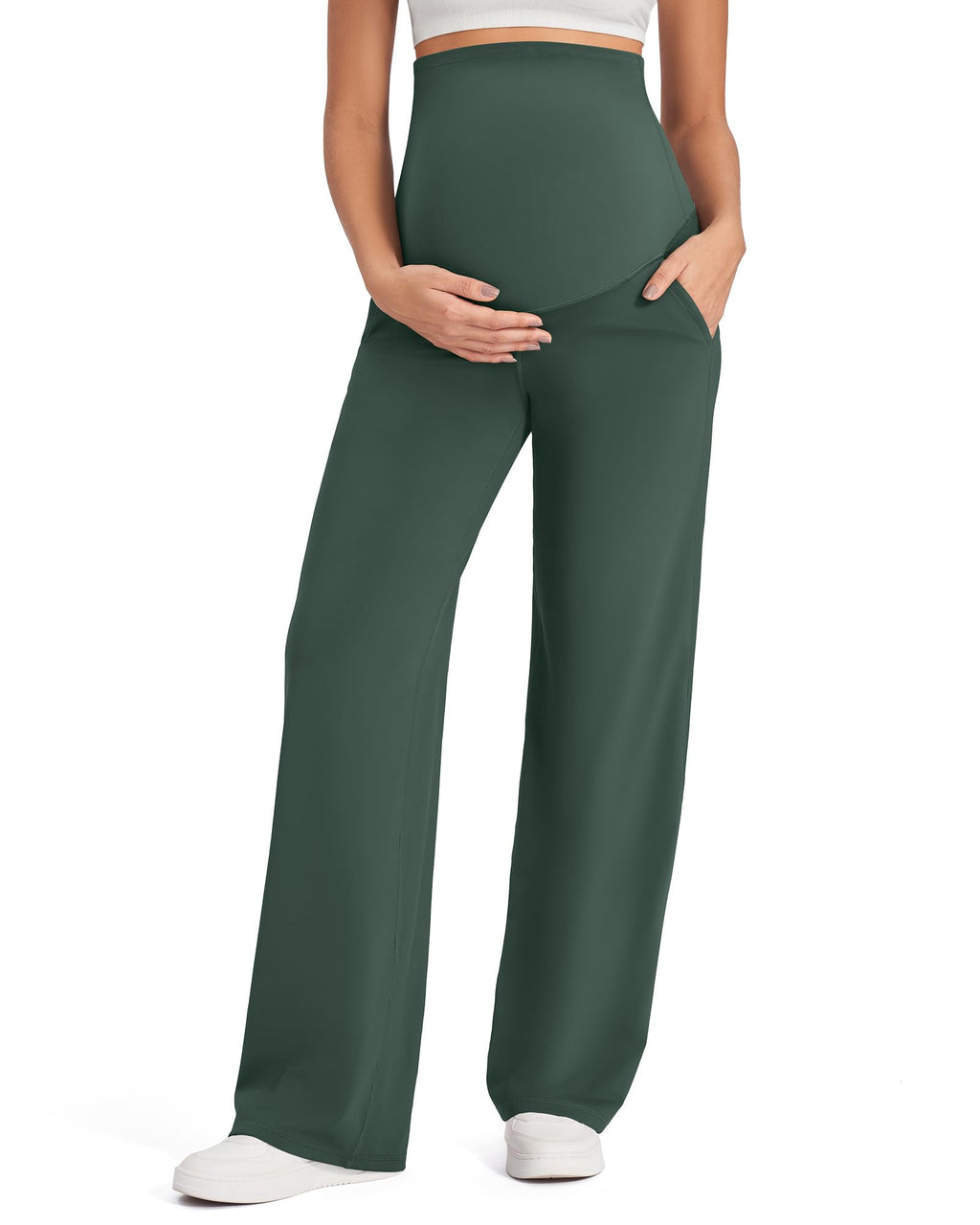 G4Free Maternity Clothes Yoga Pants Wide Leg,Dark Forest Green,XXL,Petite