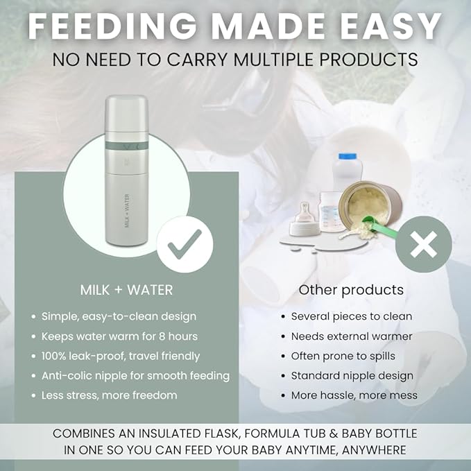 MILK & WATER All in One Baby Bottle & Baby Formula Dispenser On The Go, 9oz - Keeps Water Warm & Formula Fresh - Baby Formula Mixing Bottle with Anti Colic Nipple - Leak-Proof - 6+ Months (Green)