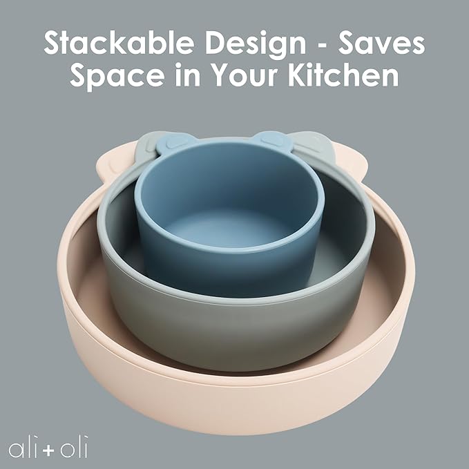 Ali+Oli Children's (3pc) Stackable Snack Bowl Set (Blue Horizon) BPA Free Food-Grade Silicone Bowls for Infant & Toddler