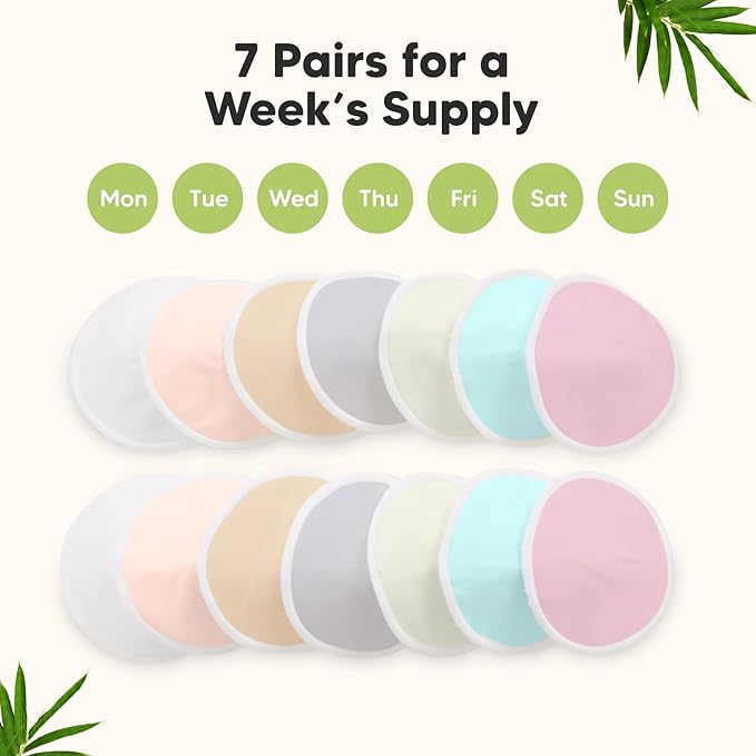 Organic Nursing Pads - 14 Washable Viscose Derived from Bamboo Breastfeeding Pads, Wash Bag, Reusable Breast Pads for Breastfeeding, Nipple Pads for Breastfeeding Essentials(Pastel Touch, XL 5.5")