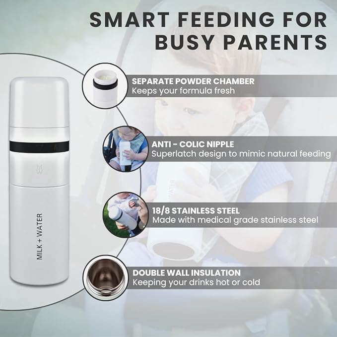 MILK & WATER All in One Baby Bottle & Baby Formula Dispenser On The Go, 9oz - Keeps Water Warm & Formula Fresh - Baby Formula Mixing Bottle with Anti Colic Nipple - Leak-Proof - 3+ Months (White)