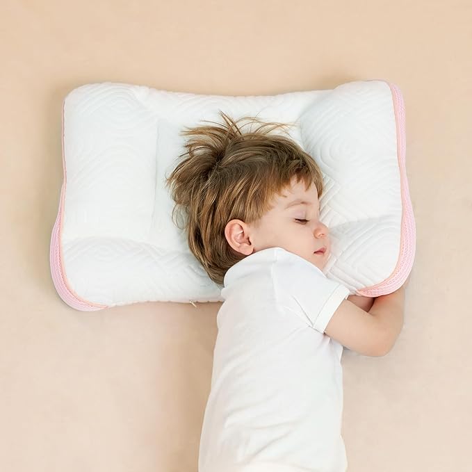 Reidio 1Pc Toddler Pillows with Removable Cotton Pillowcase Ergonomic Design Toddler Pillows for Sleeping Toddler Neck Pillow Kids Pillows Machine Washable 14x20in (Rose)