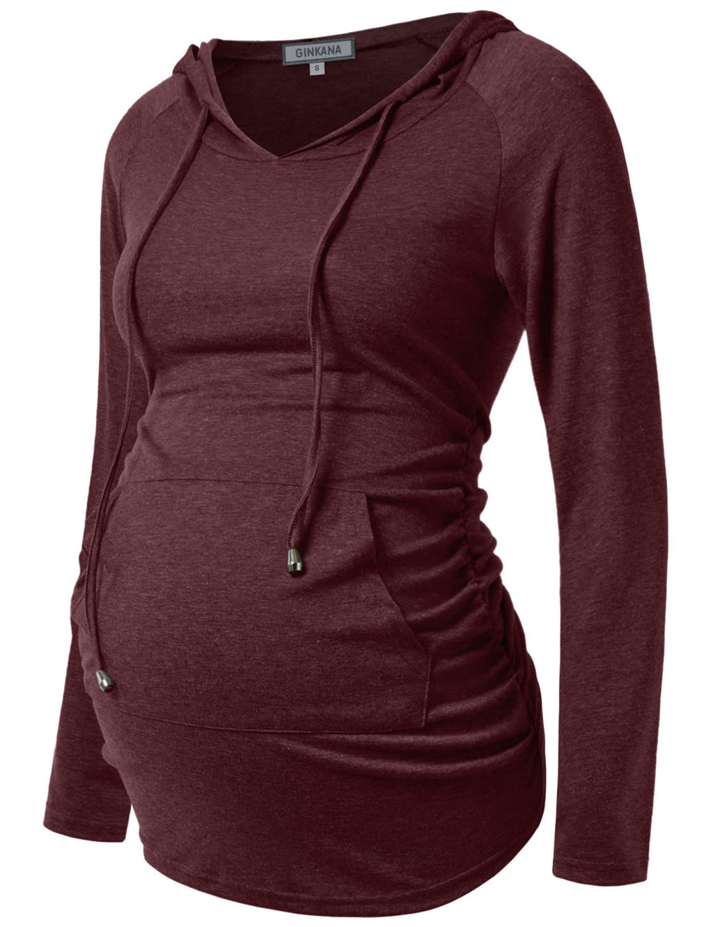 GINKANA Maternity Hoodie Long Sleeves Shirts Top Pregnancy Sweatshirt Casual Maternity Blouses,Maroon,M