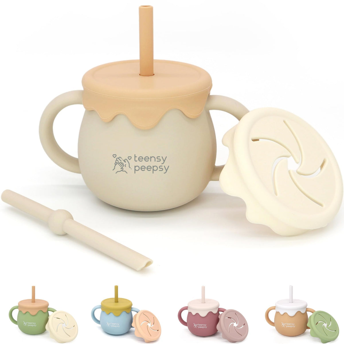 teensy peepsy Honey Pot 3-in-1 Silicone Sippy Cup with Straw & Snack Cup for 6 months+ 8.5oz, Baby Straw Cup for Unisex Baby Gift, Toddler Smoothie Cup, Baby Water Cup for BLW Training (Sandy Beige)