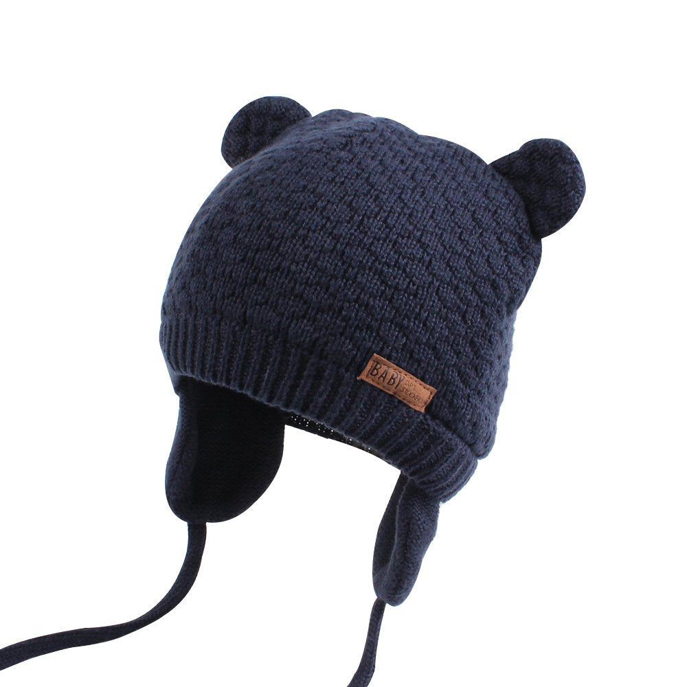 BAVST Baby Toddler Winter Beanie Warm Boys Girls Earflap Hat Infant Knit Caps Cute Bear Soft Cotton Lining for 0-36M (Navy, L(12-36M))