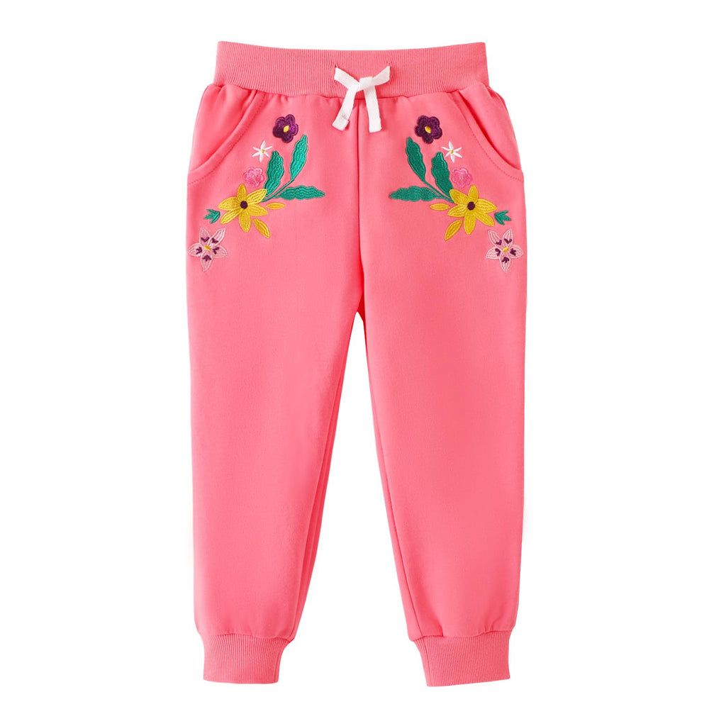HILEELANG Toddler Girls Cotton Joggers Sweatpants Floral Embroidery Drawstring Waist and Pockets-Pink Blue Casual Athletic Pants for Kids 2Y