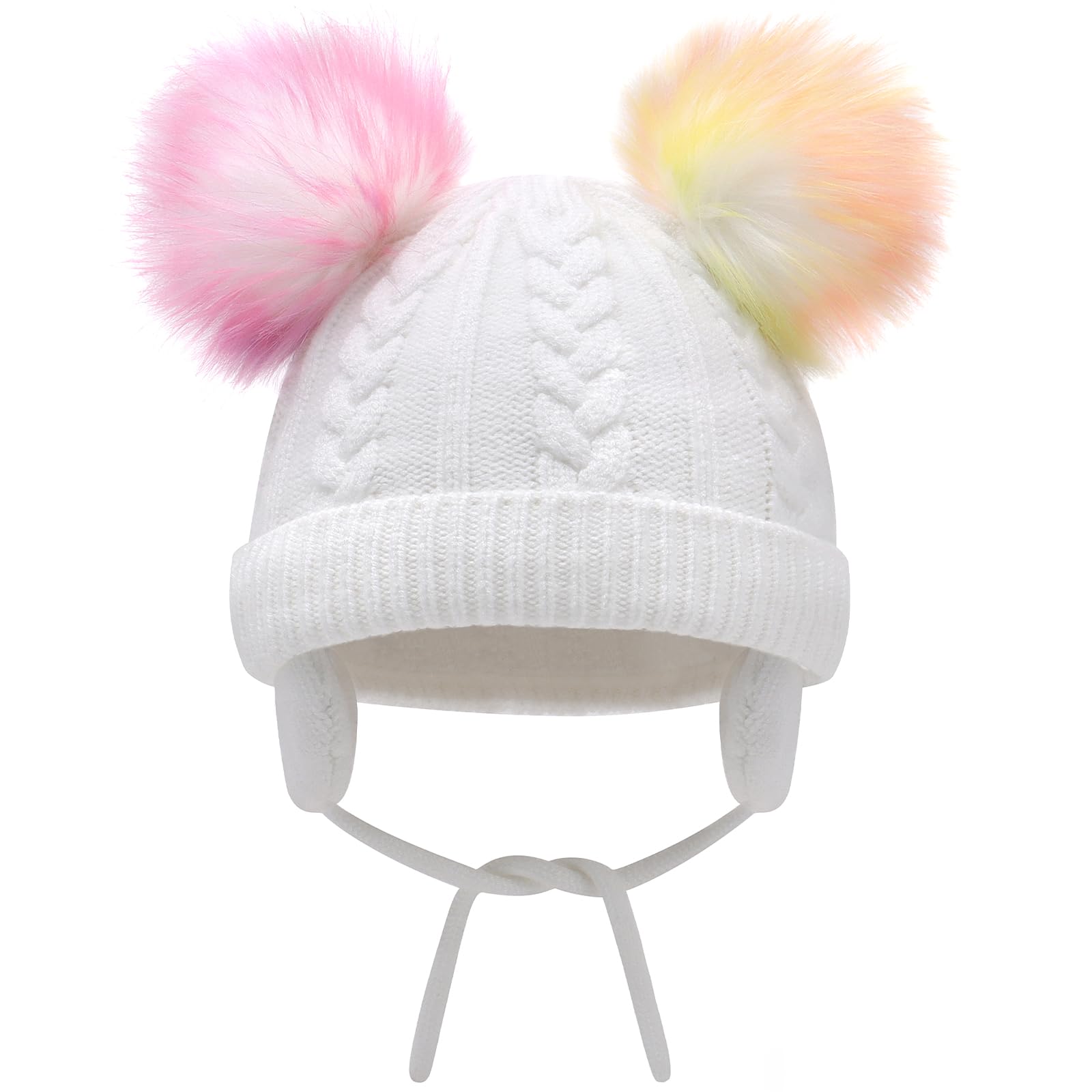 Duoyeree Toddler Winter Hat, Earflap Double Pom Pom Knit Beanie 0-36M