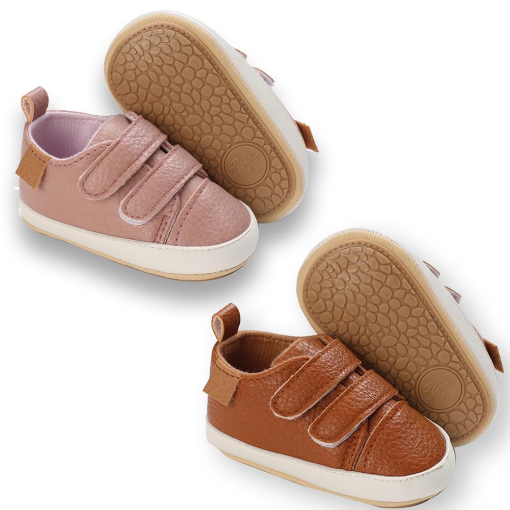 eitwo 2Pairs Baby Shoes,Boys Girls Non-Slip Rubber Sole Sneakers,Unisex Infant Soft Lightweight First Walking Crib Shoes (2Pairs_Brown+Pink,3-6 Months)