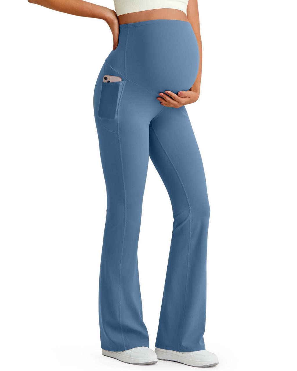 G4Free Maternity Dress Pants Yoga Flare Leggings for Work,Blue Gray,M,Tall