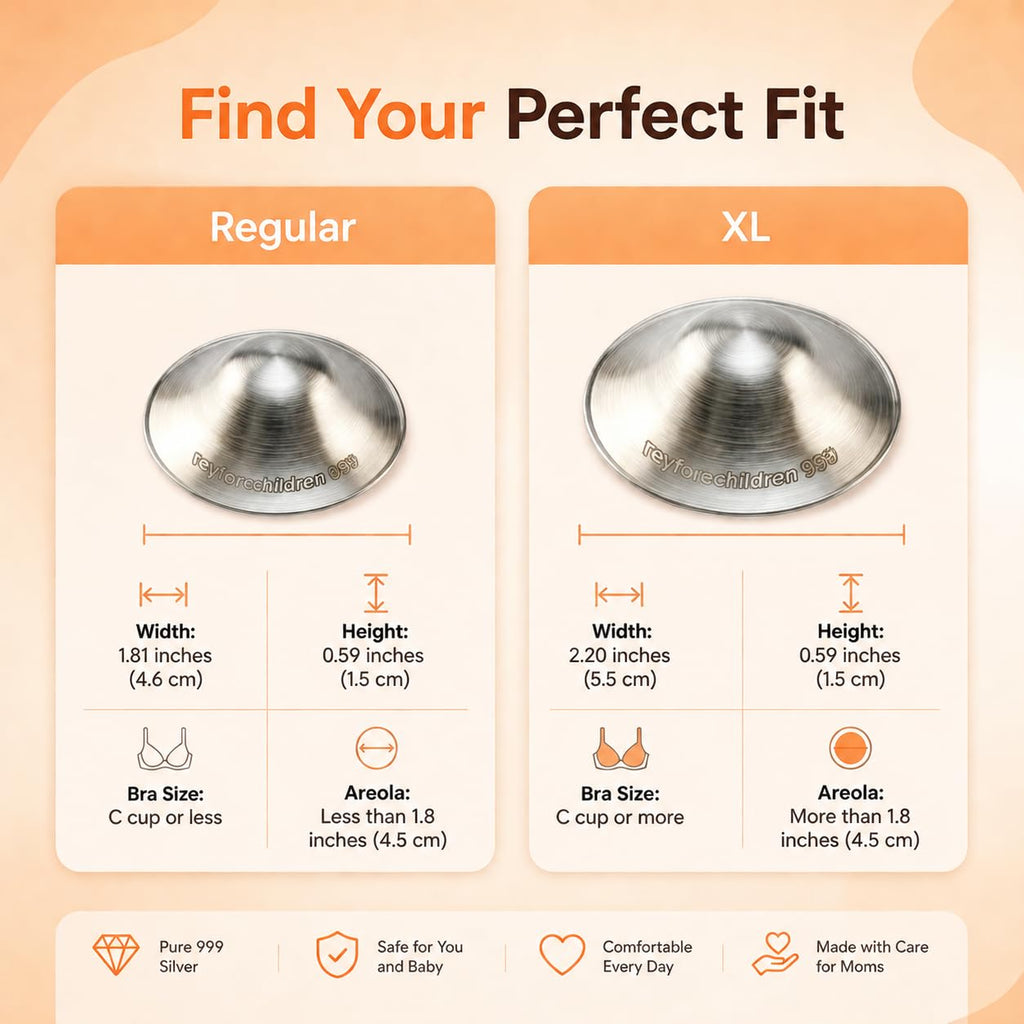 RFC Silver Nursing Cups - 999 Silver Nursing Pad - Nipple Shield Kit for Nursing Newborn - Breastfeeding Essentials - Nipple Cover Breastfeeding - with Silicone Ring & Cleaning Scotch & Case (XL)