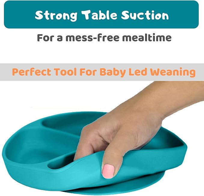 Silikong Suction Plate for Toddlers | BPA Free, 100% Food-Grade Silicone | Microwave, Dishwasher and Oven Safe | Stay Put Divided Baby Feeding Plates (1, Turquoise)