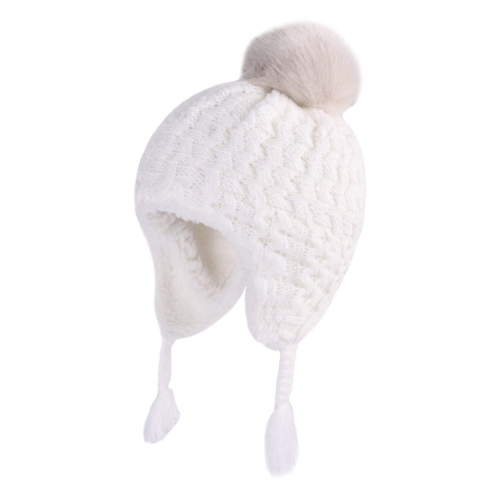 LANGZHEN Toddler Kids Winter Hat,Earflap Knit Warm Cap Fleece Lined Beanie for Baby Girls(Peach+White,6-12 Months)