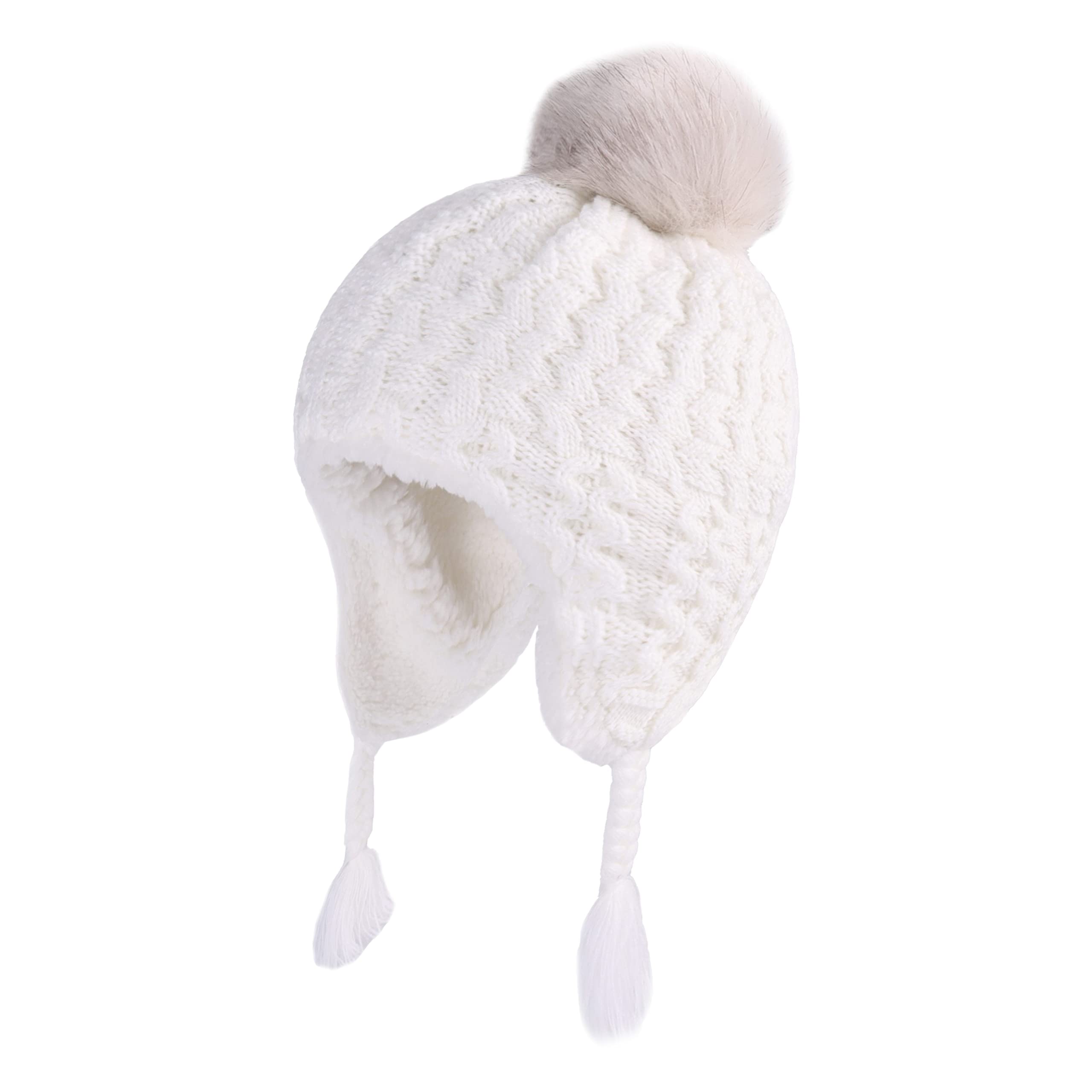 LANGZHEN Toddler Kids Winter Hat,Earflap Knit Warm Cap Fleece Lined Beanie for Baby Girls(Peach+White,6-12 Months)