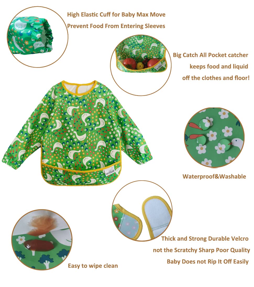YKVOSAR 2 Pack Baby Bibs for Boy, Waterproof Bibs for Eating, Mess Proof Full Sleeve Bib for Toddlers, Fit Age 6-36 Months