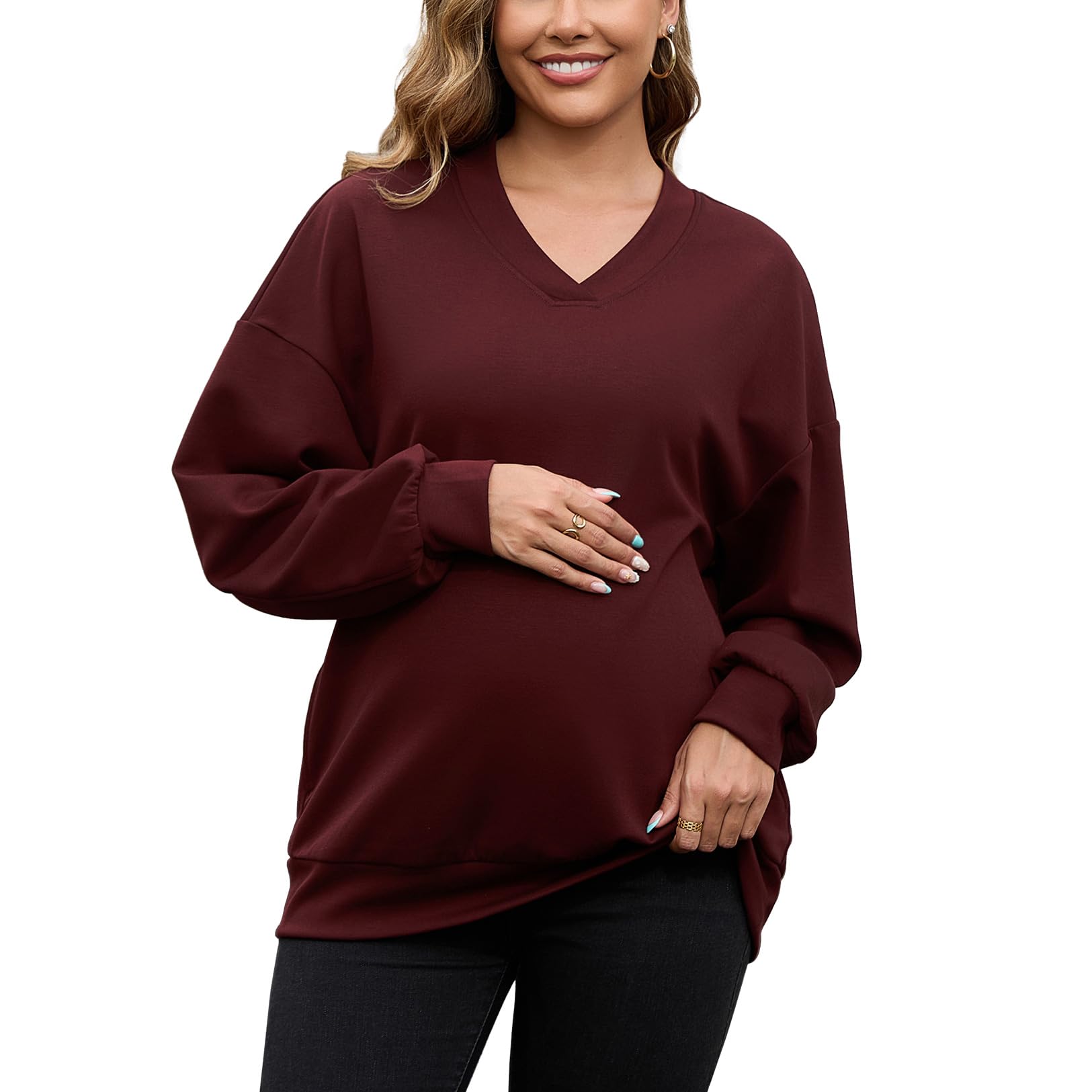 GINKANA Maternity Sweatshirts Basic Long Sleeve Shirts Soft Pregnancy Workout Tunic Pullover Top with Pockets,Burgundy,L