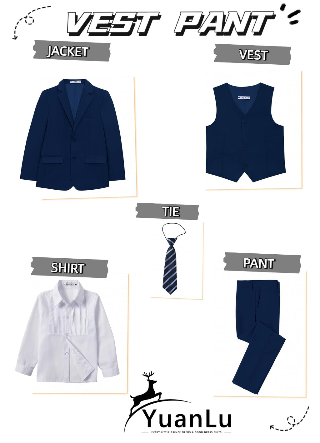 YuanLu Boys Tuxedo Kids Slim Fit Dress Outfit Navy Blue Youth Suit Size 10