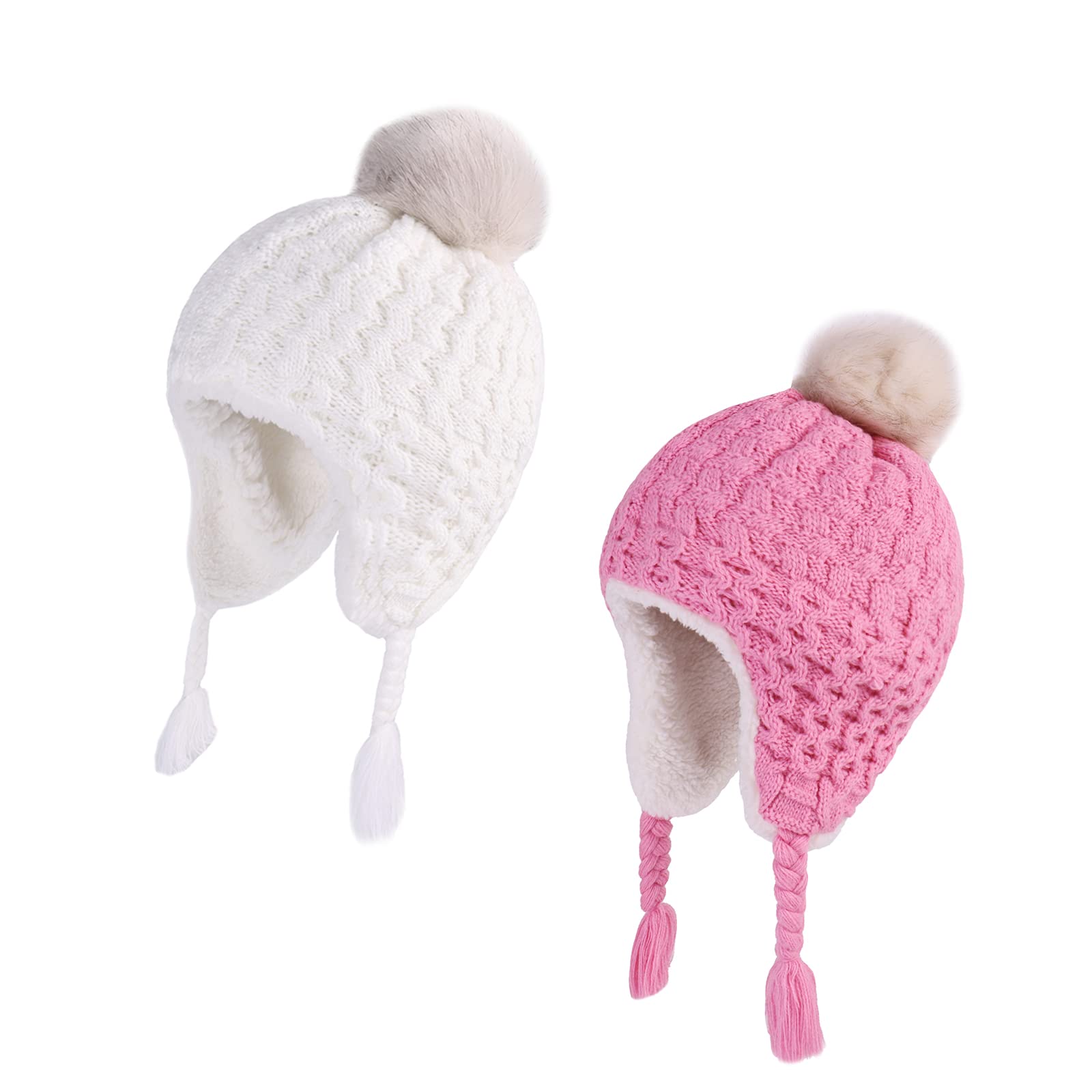LANGZHEN Toddler Kids Winter Hat,Earflap Knit Warm Cap Fleece Lined Beanie for Baby Girls(Peach+White,6-12 Months)