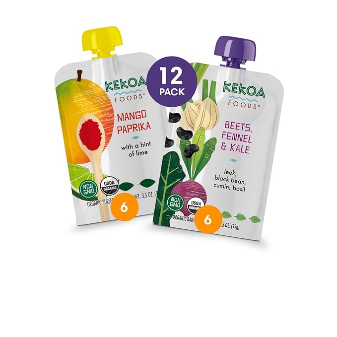 Kekoa Foods 100% USDA Certified-Organic Vegetarian Baby Food Puree Starter Pack: Gluten-Free, Vegan 3.5 oz Squeeze Pouches (12 Pack) | Beets, Fennel & Kale, Mango Paprika | Non-GMO, Nutrient-Rich
