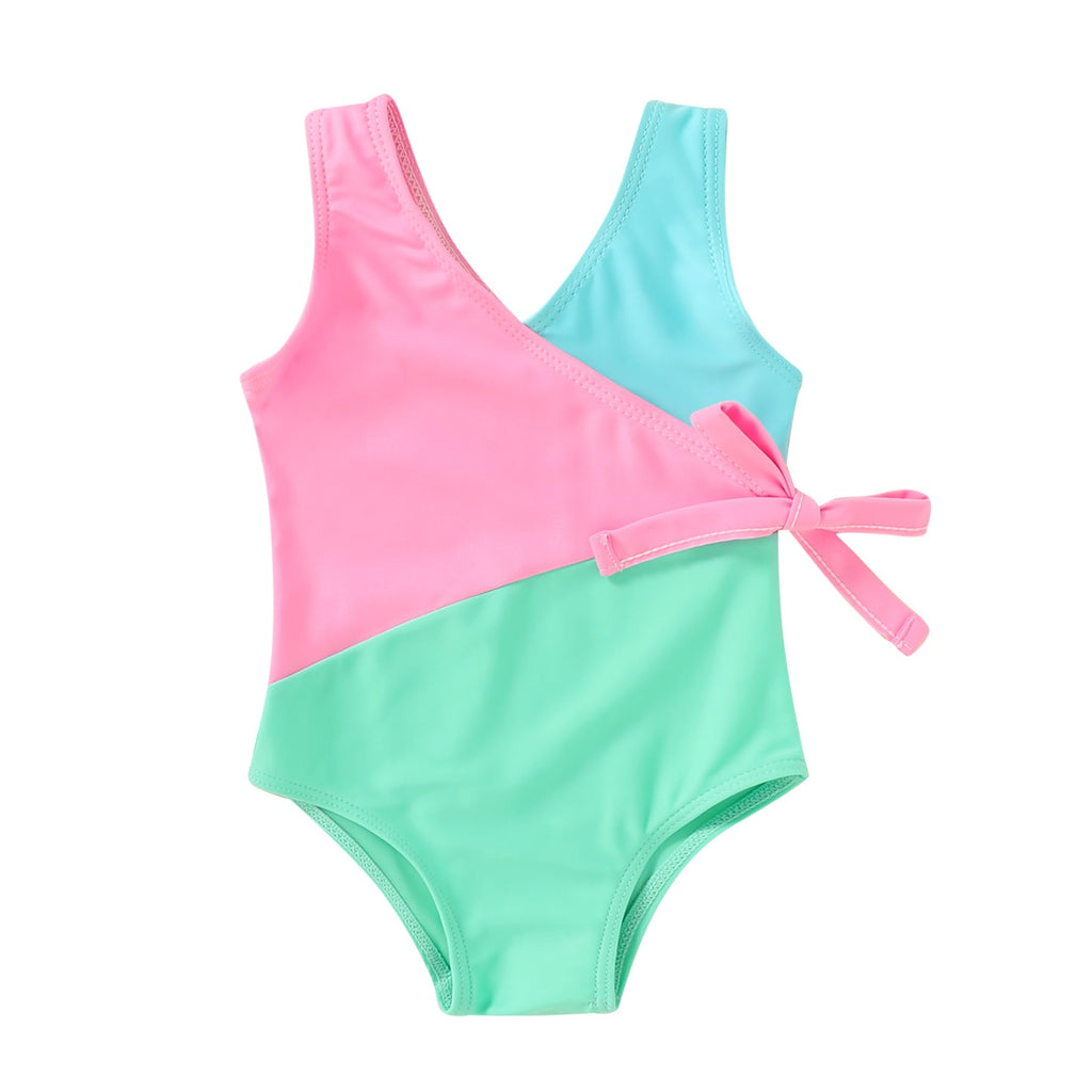 Happy Town Toddler Swimsuit Girl One Piece Bathing Suit Color Block Swimwear Baby Summer Beach Wear(3-4T,Blue Pink Green)