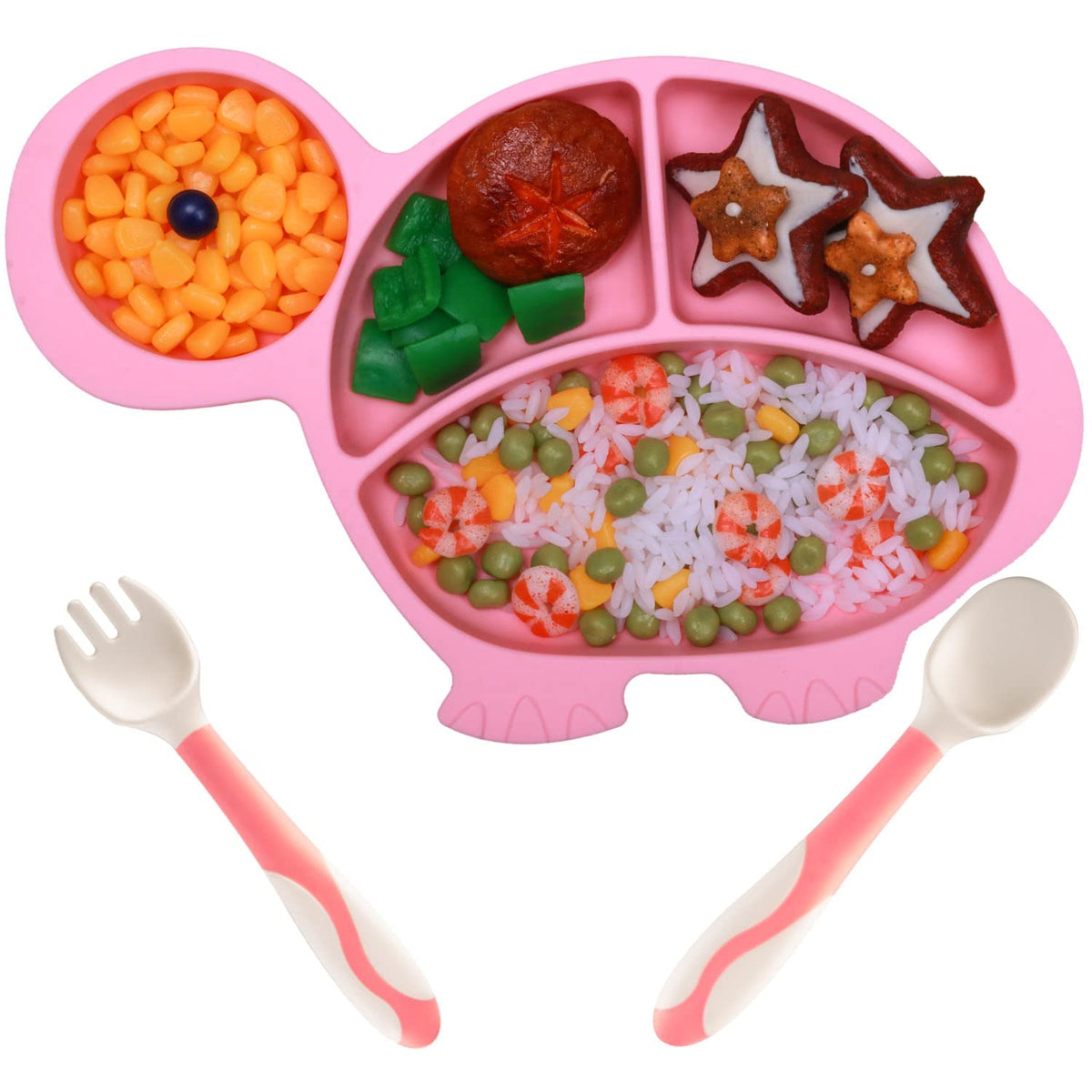 NICINGU Baby Toddler Silicone Suction Plate with Spoon&Fork And Adjustable Bib Set,Silicone Baby Feeding Utensils Set，Baby Toddler Led Weaning Supplies Set-Pink Owl Set