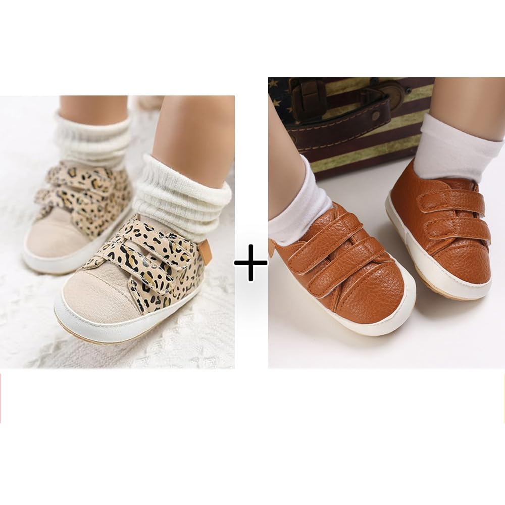 eitwo 2Pairs Baby Shoes,Boys Girls Non-Slip Rubber Sole Sneakers,Unisex Infant Soft Lightweight First Walking Crib Shoes (2Pairs_Brown+Leopard,3-6 Months)