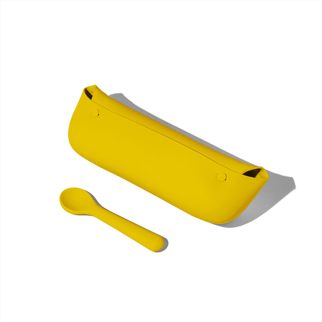 Avanchy Roll & Go Silicone Baby Bib with Spoon, Waterproof, Yellow