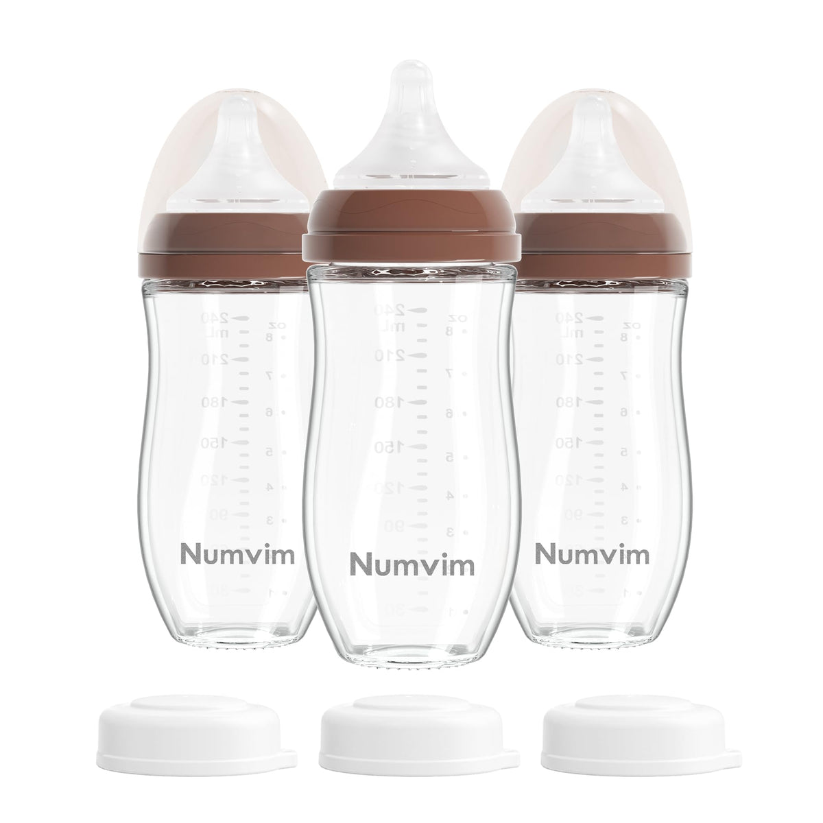 Numvim Natural Glass Baby Bottles with Gentle & Slow Flow Nipples, Newborn Breastfeeding Bottle, Anti-Colic, Includes M Nipples(3 Month+),3 Packs (White 8 Oz)