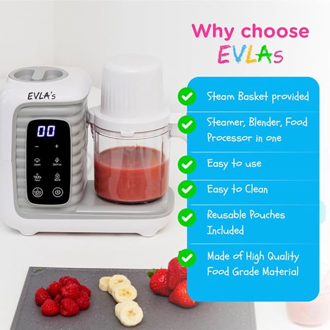 EVLA'S Double Baby Food Maker with 2 Steaming Baskets, Steamer, Blender, Grinder, Food Processor, Cook & Blends Healthy Baby Food in Minutes, Touch Screen, with 6 food pouches, White