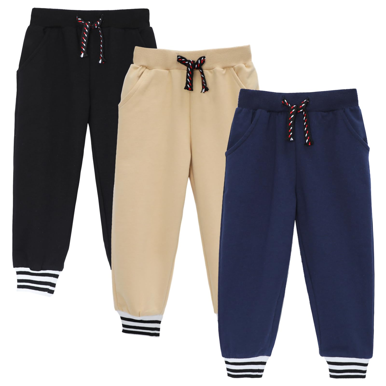 HILEELANG Boys Jogger Pants Cotton Sweatpants 3 Pack Pockets Khaki