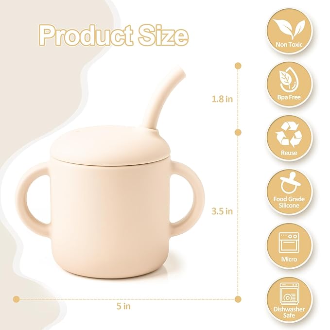 Silicone Baby Cup with Straw, Straw Cup for 6 months+ old, Leak Proof Silicone Baby Training Cup 6 fl oz (Beige)