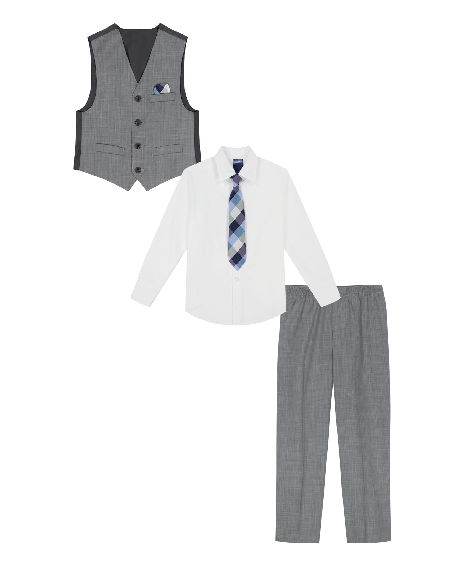 Nautica Boys' 4-piece Vest Set with Dress Shirt, Tie, Vest, and Pants, Light Grey Deco Sharkskin, 12