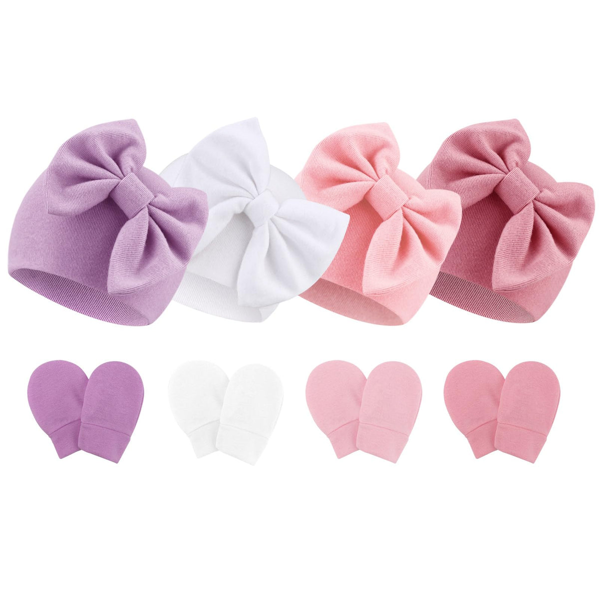 BQUBO Newborn Baby Hats Mittens Set Hospital Hat Beanie Infant Bow Hats Baby Cotton Gloves No Scratch Mittens for 0-6 Months