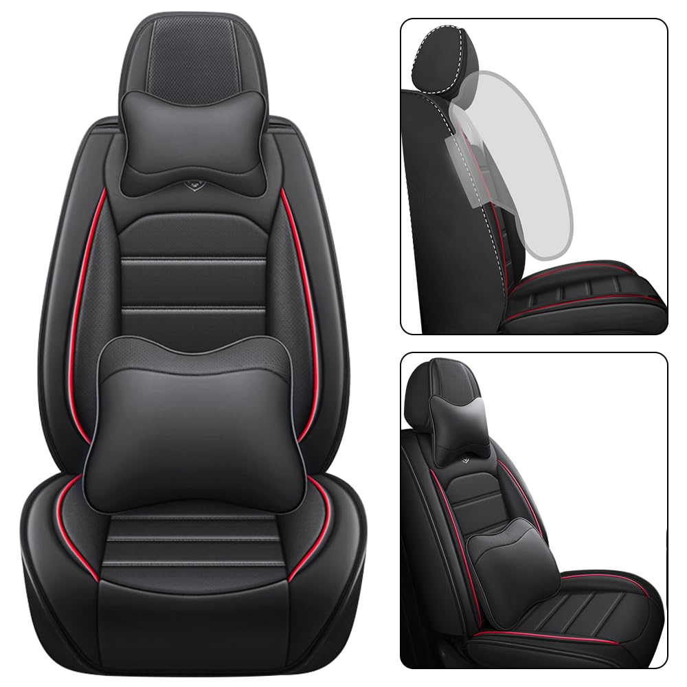 LEYPOCO Leather Seat Cover for Ford Edge 2010-2026,Waterproof Soft Seat Covers,Interior Accessories Seat Covers Cushion Vehicle Protector Airbag Compatible(Black&Red,Full Set with Pillow)