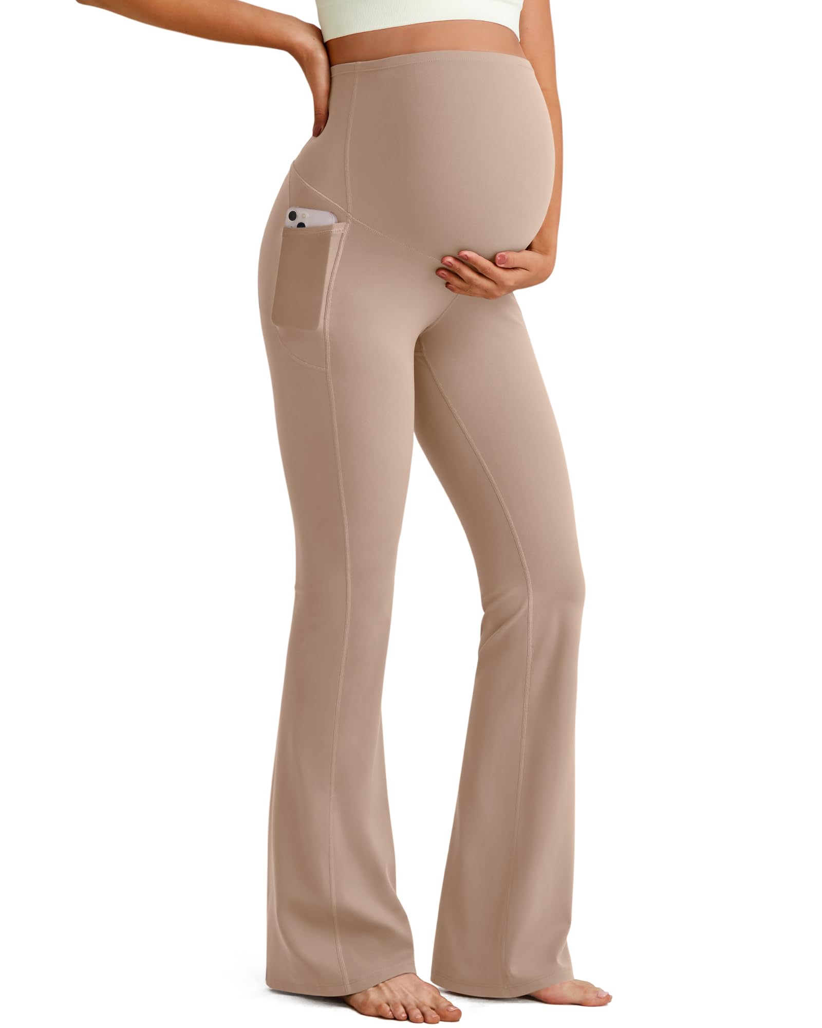 G4Free Maternity Flare Leggings Pregnancy Outfits for Work,Toffee,L,Tall