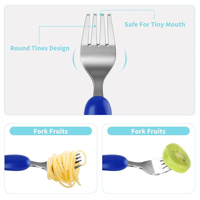 Lehoo Castle 6 Pieces Toddler Utensils, Kids Silverware for 2 3 4 Years Old, Stainless Steel Knife Fork and Spoon Set with Plastic Handle, Safe Toddler Cutlery (Blue)